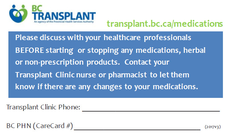Image of drug interactions card with space for clinic phone number and patient PHN